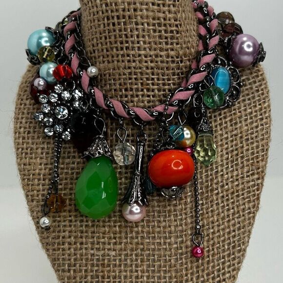 Art Glass Dangle Charm Bracelet 7" Multicolor Adjustable Braided Chain & Leather - Picture 1 of 7